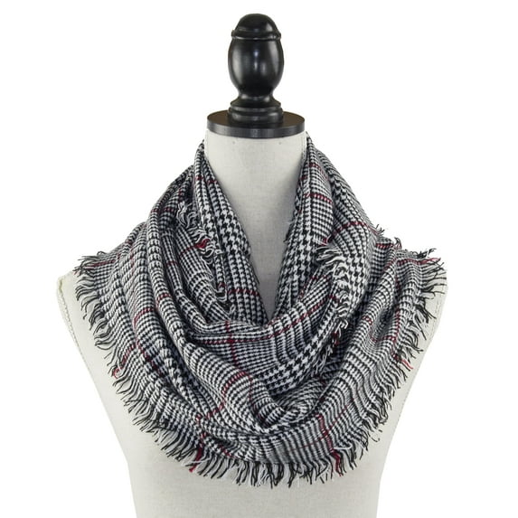 StylesILove Women Classic Glen Check Loop Infinity Fringed Scarf - 3 Colors (Black)