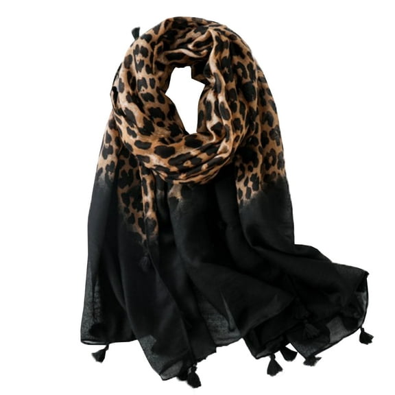 StylesILove Women Elegant Classic Leopard Print Lightweight Cotton Tassel Scarf Wrap Autumn Winter Large Shawl Headscarf (Black + Leopard)