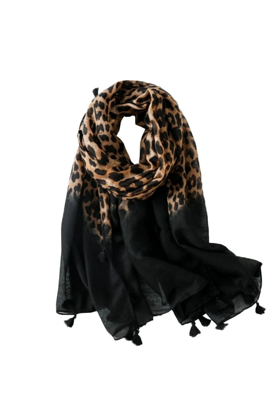 Women Elegant Classic Leopard Print Lightweight Cotton Tassel Scarf Wrap Autumn Winter Large Shawl Headscarf (Black + Leopard)