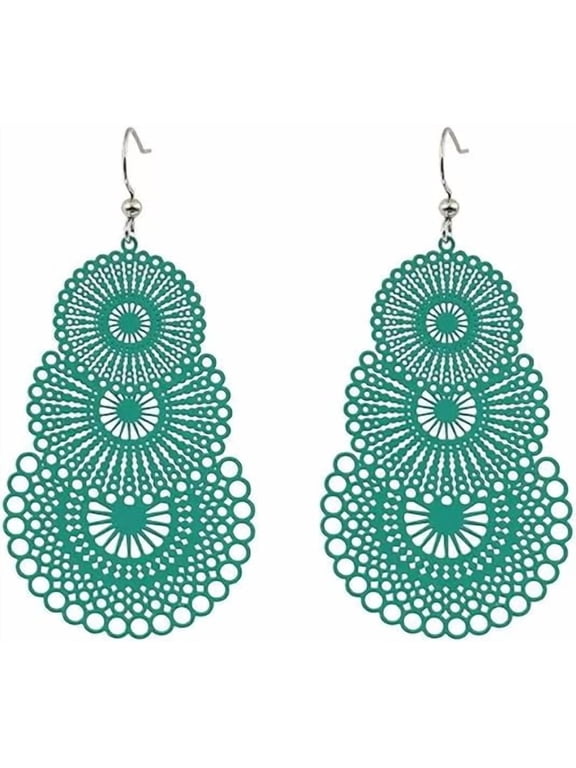 Women Filigree Triple Circle Dangle Boho Earrings - Green Cutout 3 Layered Lightweight Drop Earrings for Birthday, Wedding, Holiday, Fashion Jewelry