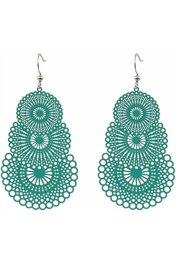 Women Filigree Triple Circle Dangle Boho Earrings - Green Cutout 3 Layered Lightweight Drop Earrings for Birthday, Wedding, Holiday, Fashion Jewelry