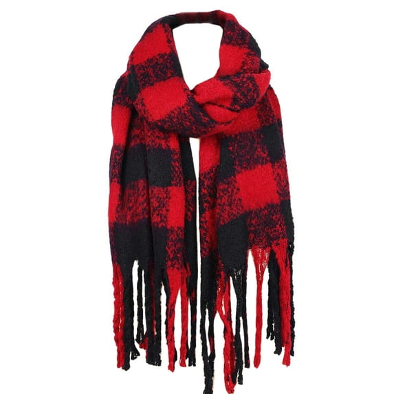 StylesILove Women Fluffy Buffalo Check Tassel Cozy Scarf Winter Shawl Fashion Wrap, 3 Colors (Red)