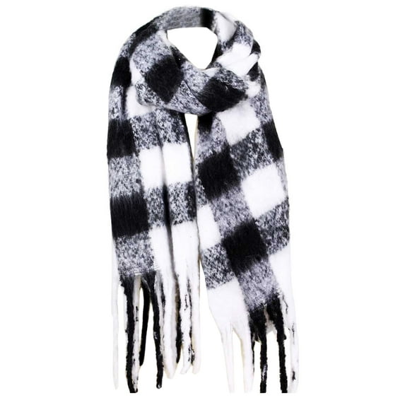 StylesILove Women Fluffy Buffalo Check Tassel Cozy Scarf Winter Shawl Fashion Wrap, 3 Colors (White)