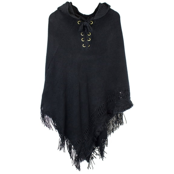 StylesILove Women Fringed Lace Up Hooded Poncho Pullover Cardigan Soft Wrap (Black)