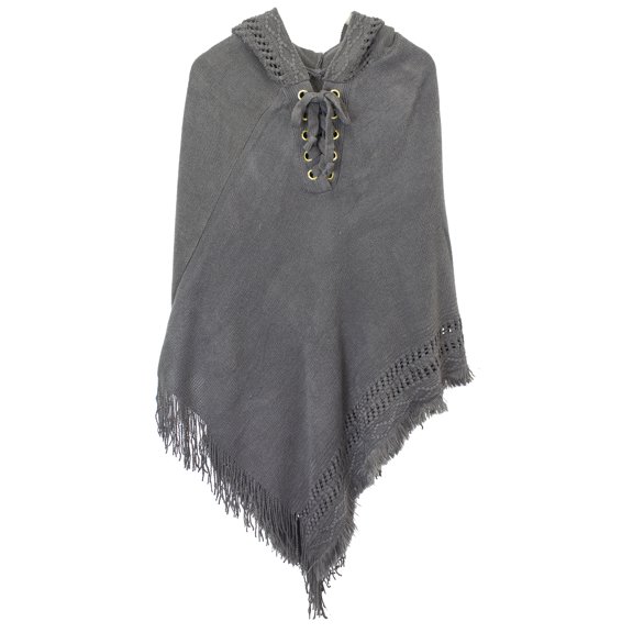 StylesILove Women Fringed Lace Up Hooded Poncho Pullover Cardigan Soft Wrap (Grey)