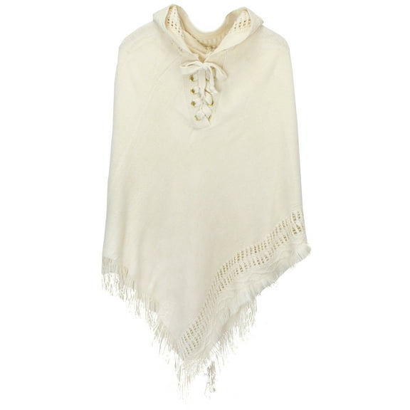 StylesILove Women Fringed Lace Up Hooded Poncho Pullover Cardigan Soft Wrap (Ivory), Casual, Knit