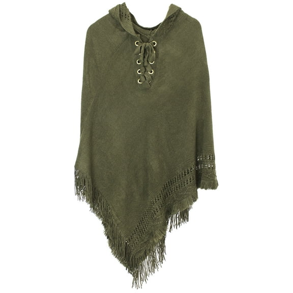 StylesILove Women Fringed Lace Up Hooded Poncho Pullover Cardigan Soft Wrap (Olive)