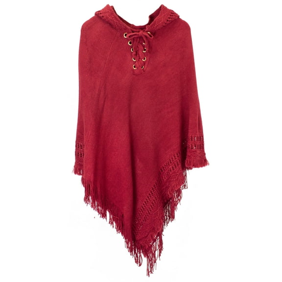 StylesILove Women Fringed Lace Up Hooded Poncho Pullover Cardigan Soft Wrap (Red)