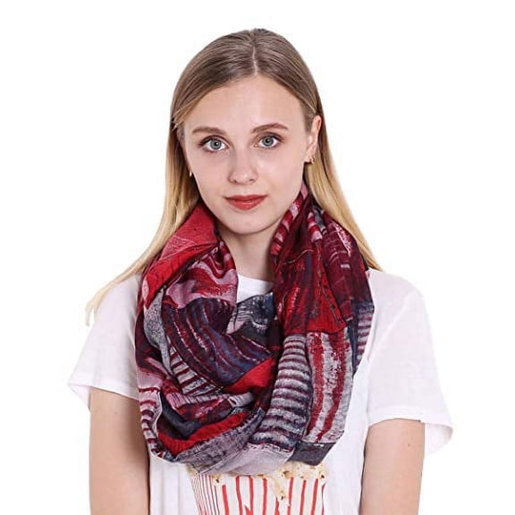 StylesILove Women Girls Color Block Abstract Print Infinity Loop Scarf Lightweight Autumn Wrap Neck Warmer (Red)
