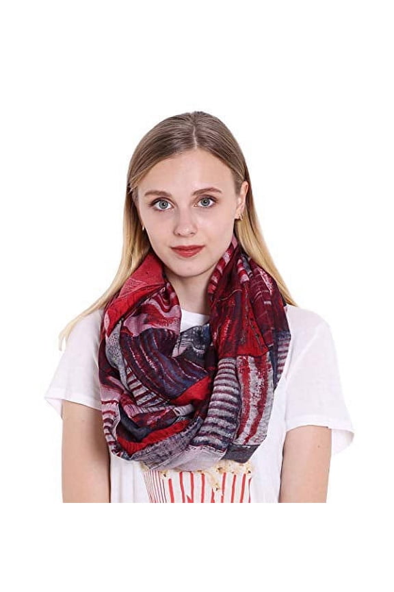 Women Girls Color Block Abstract Print Infinity Loop Scarf Lightweight Autumn Wrap Neck Warmer (Red)