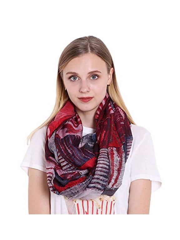 Women Girls Color Block Abstract Print Infinity Loop Scarf Lightweight Autumn Wrap Neck Warmer (Red)