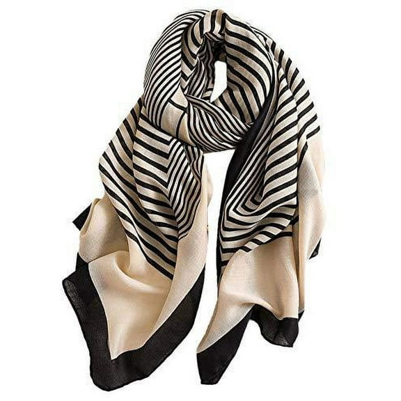 StylesILove Women Girls Elegant Striped Print Oblong Cotton Linen Scarf Lightweight Autumn Wrap Shawl
