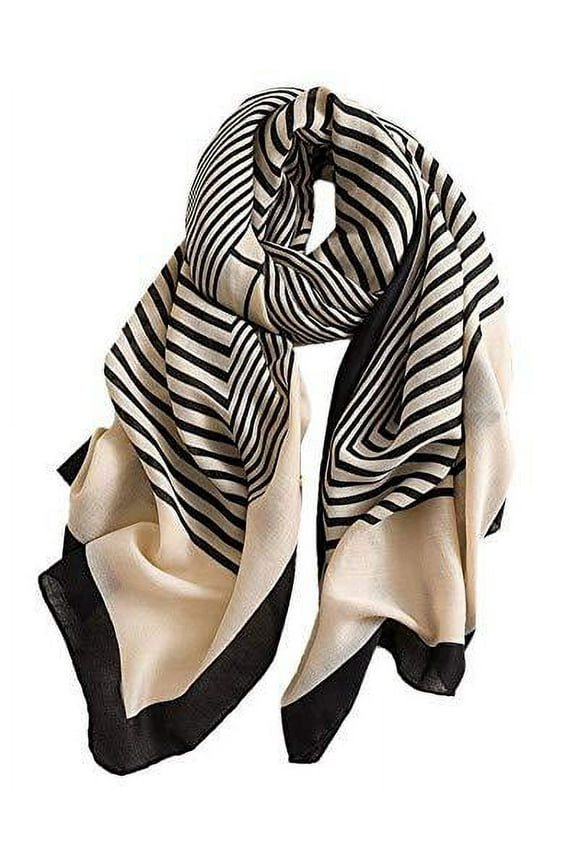 Women Girls Elegant Striped Print Oblong Cotton Linen Scarf Lightweight Autumn Wrap Shawl