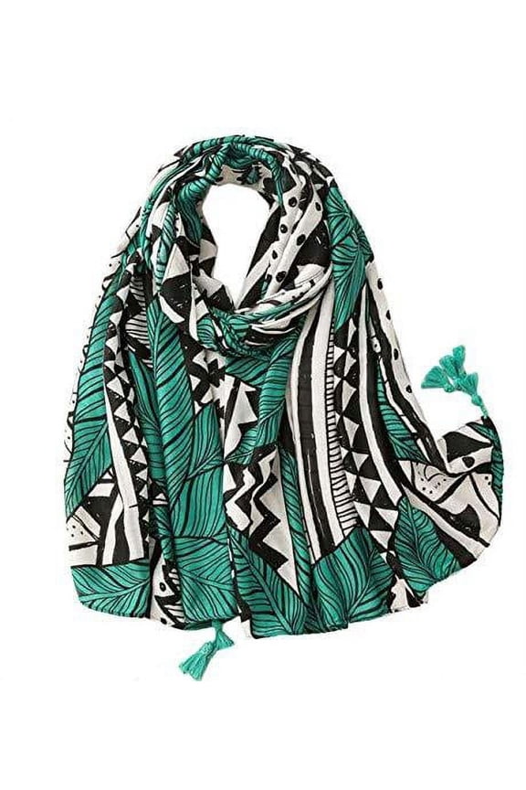 Women Girls Green Leaf Geometric Print Oblong Scarf Lightweight Autumn Wrap Shawl