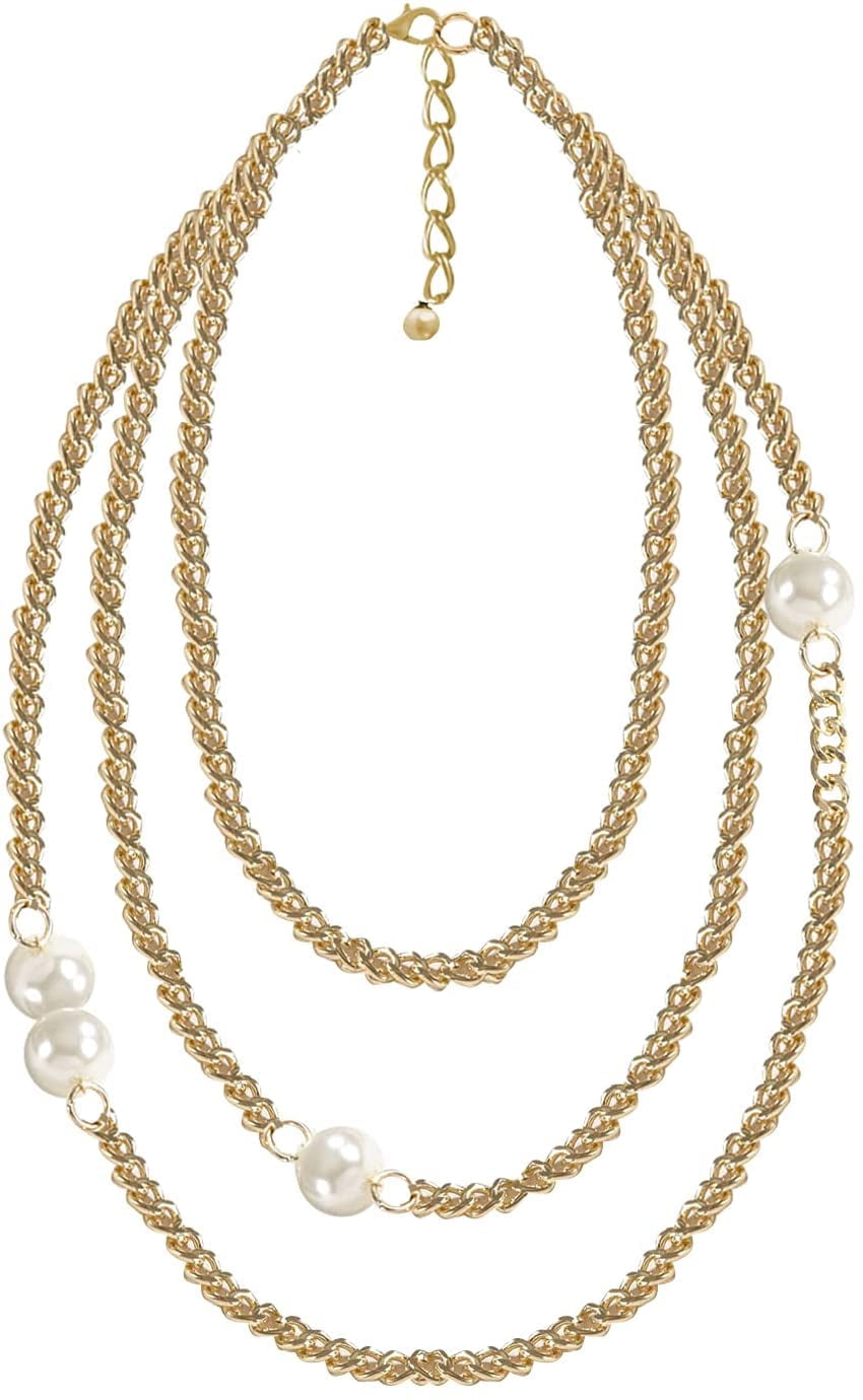 StylesILove Women Ivory Faux Pearl Gold Chain Statement Necklace 3 Row Layered Necklace for Birthday, Holiday, Prom, Special Event Fashion Jewelry