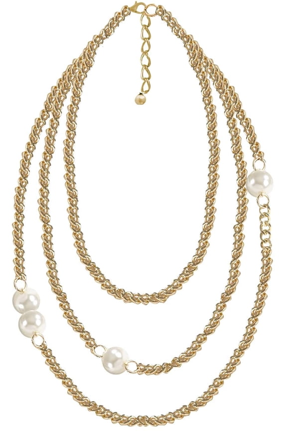 Women Ivory Faux Pearl Gold Chain Statement Necklace 3 Row Layered Necklace for Birthday, Holiday, Prom, Special Event Fashion Jewelry