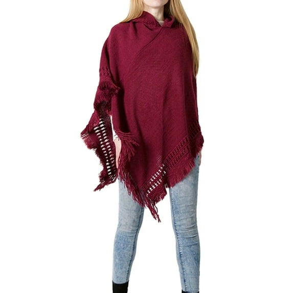 StylesILove Women Knitted Hooded Poncho Crochet Pattern Pullover Cardigan Soft Wrap (Burgundy)