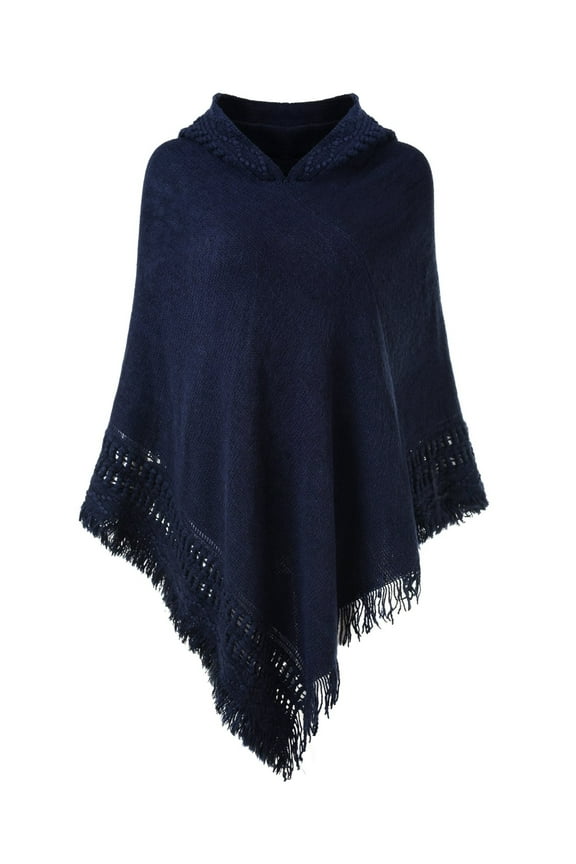 Women Knitted Hooded Poncho Crochet Pattern Pullover Cardigan Soft Wrap (Navy Blue)