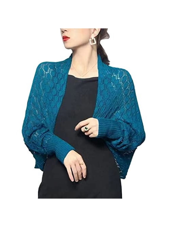 Women Lightweight Crochet Hollow Bolero Shrug Long Sleeve Cardigan Soft Sweater Open Front Cape Shawl (Teal)