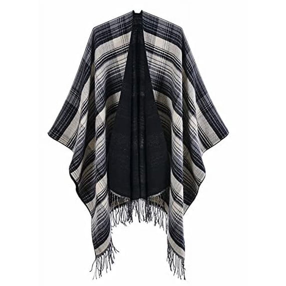 StylesILove Women Reversible Plaid Fringe Knitted Open Front Poncho Cape Oversized Cardigan Cozy Wrap Shawl for Fall and Winter (Black)