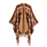 StylesILove Women Reversible Plaid Fringe Knitted Open Front Poncho Cape Oversized Cardigan Cozy Wrap Shawl for Fall and Winter Brown