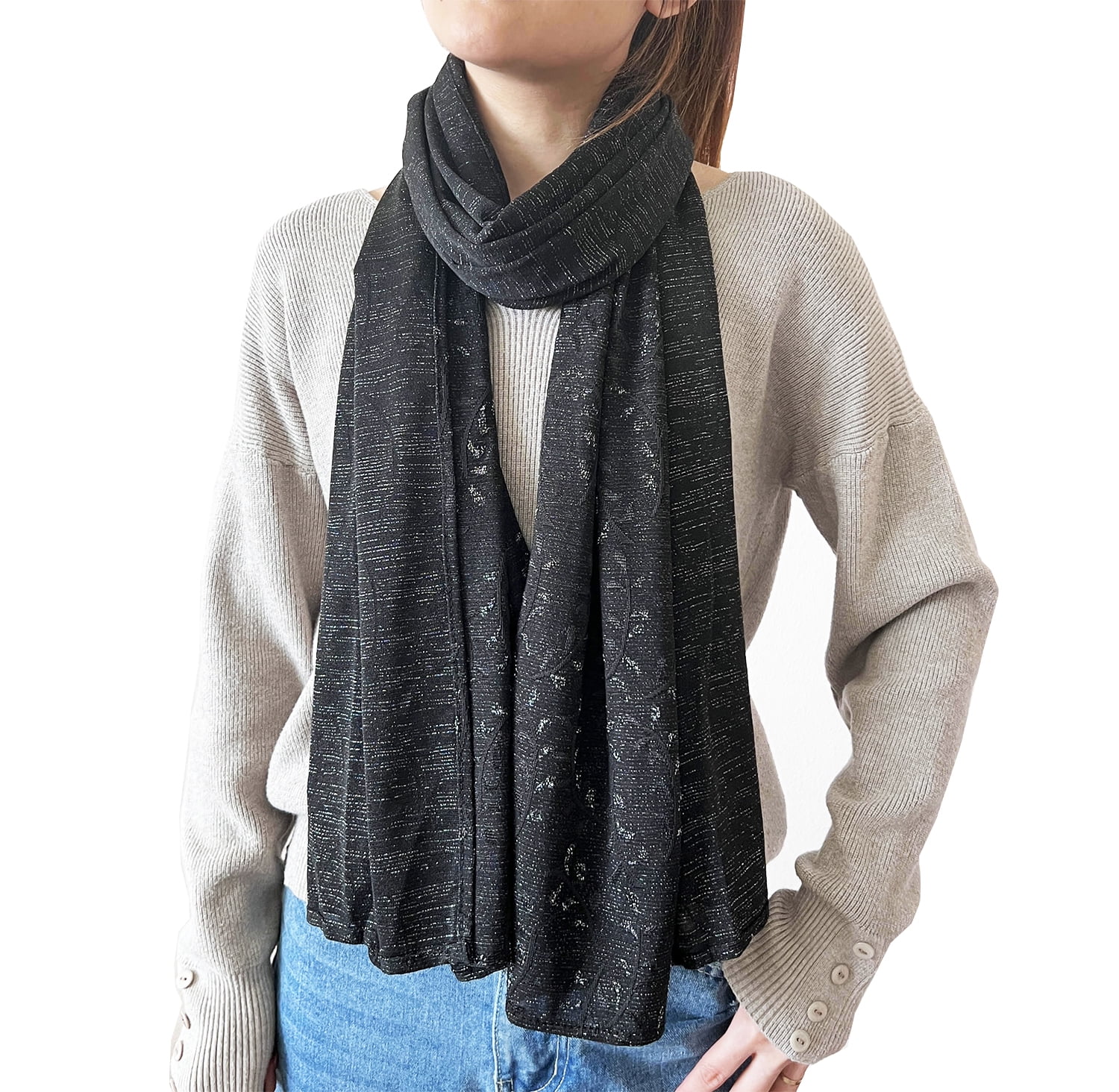 【SURGERY】 faded paisley clover scarf 'black' StylesILove Women Shimmering Jacquard Floral Scarf Silver