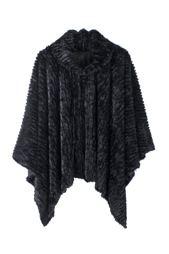 Women Striped Faux Fur Soft Poncho Cape Ultra Warm Warp for Autumn Winter Season (Black)
