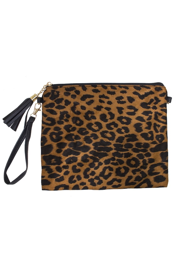 Women Stylish Crossbody Clutch Pouch Cosmetic Bag Card Holder Multi-use Bag with Adjustable Shoulder Strap and Wrist Strap (Taupe Leopard)