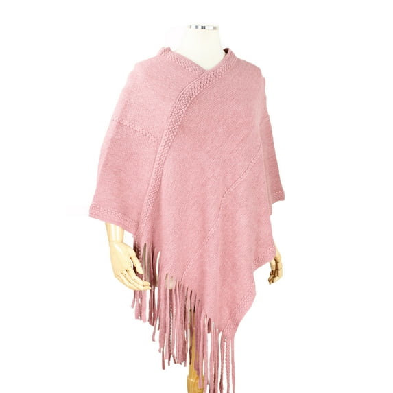 StylesILove Women Trendy Brushed Soft Knit Poncho with Fringe Trim Chic Shawl (Pink)