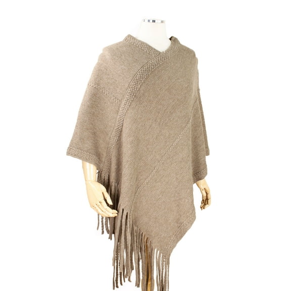 StylesILove Women Trendy Brushed Soft Knit Poncho with Fringe Trim Chic Shawl (Taupe)