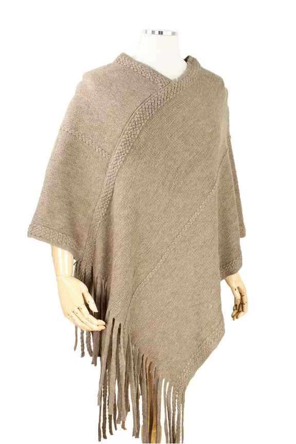 Women Trendy Brushed Soft Knit Poncho with Fringe Trim Chic Shawl (Taupe)