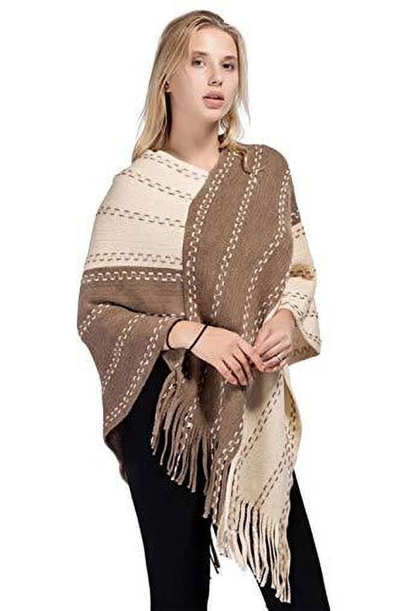 Women Two-Tone Asymmetrical Fringed Knitted Poncho Cardigan Cozy Wrap Jacket