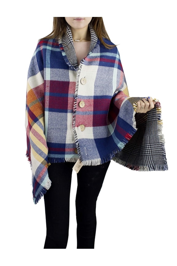 Women Ultra Soft Plaid Poncho with Coconut Buttons Sweater Pullover Cardigan Warm Wrap Topper