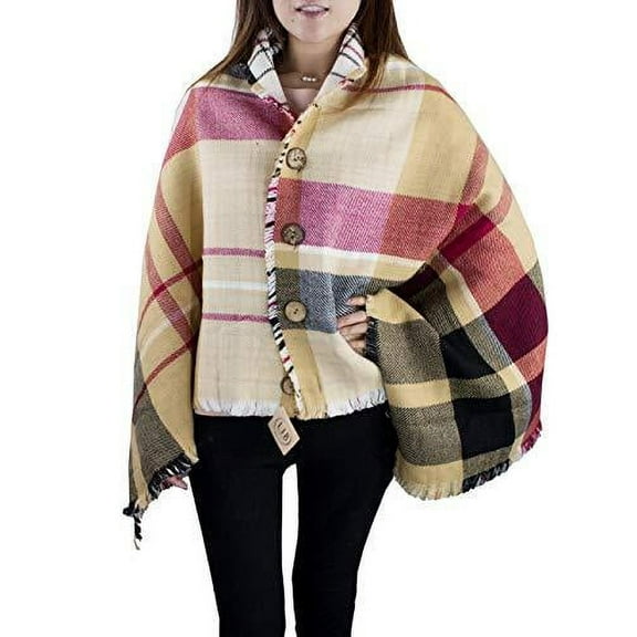 StylesILove Women Ultra Soft Plaid Poncho with Coconut Buttons Sweater Pullover Cardigan Warm Wrap Topper
