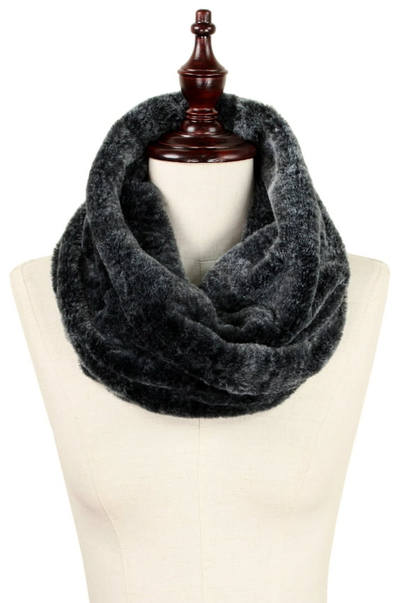 Women Ultra Soft and Warm Striped Faux Fur Infinity Scarf (Twisted Black)