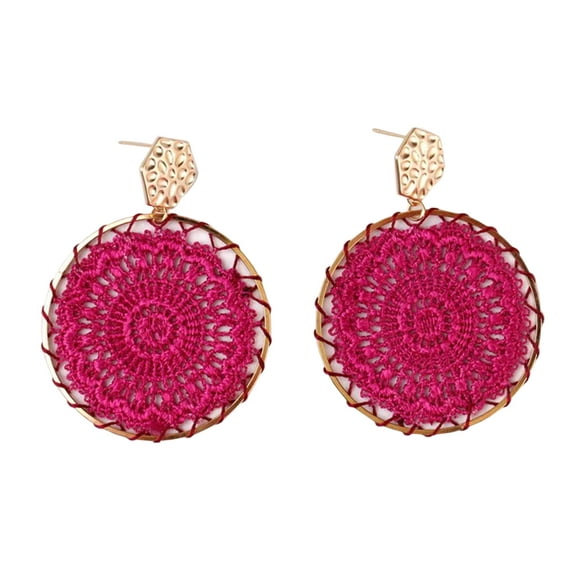 StylesILove Women Unique Boho Crochet Pendant Metal Stud Drop Earrings Statement Wedding Special Event Jewelry (Hot Pink)