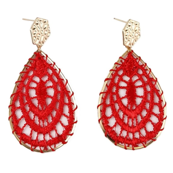 StylesILove Women Unique Boho Crochet Pendant Metal Stud Drop Earrings Statement Wedding Special Event Jewelry (Red)