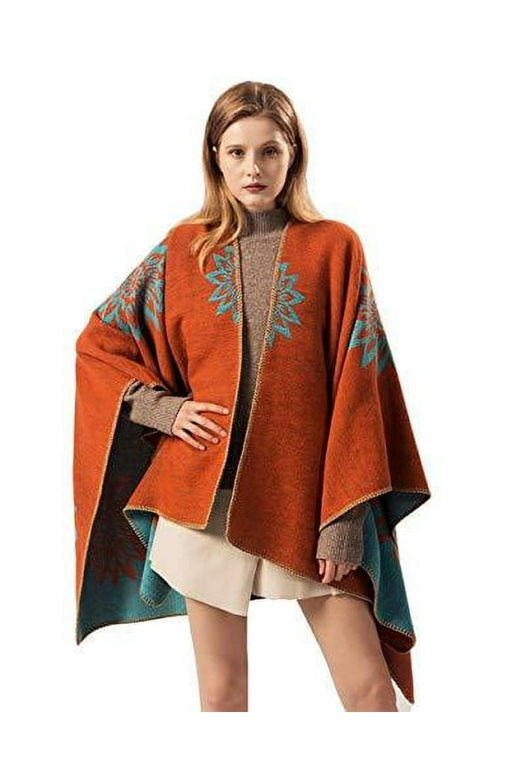 Women Vintage Floral Orange Open Front Poncho Cape Cardigan Cozy Wrap Jacket for Fall and Winter