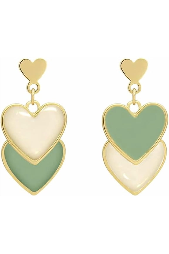 Women White and Green Enamel Double Heart Drop Earrings Fashion Two-Tone Earrings for Birthday, Wedding, Special Event Fashion Jewelry