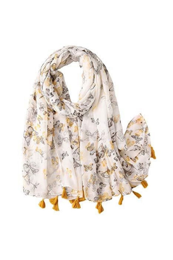 Women Yellow Grey Butterfly Printed Lightweight Tassel Oblong Scarf