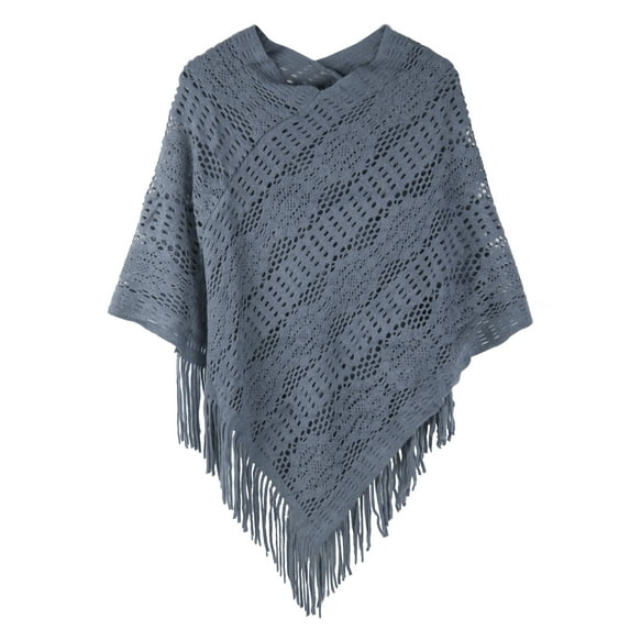 StylesILove Womens Crochet Floral Design Knit Fringe Poncho Pullover Cape, 7 Colors (Blue)