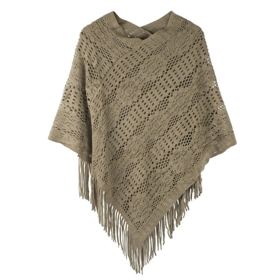 StylesILove Womens Crochet Floral Design Knit Fringe Poncho Pullover Cape, 7 Colors (Taupe)