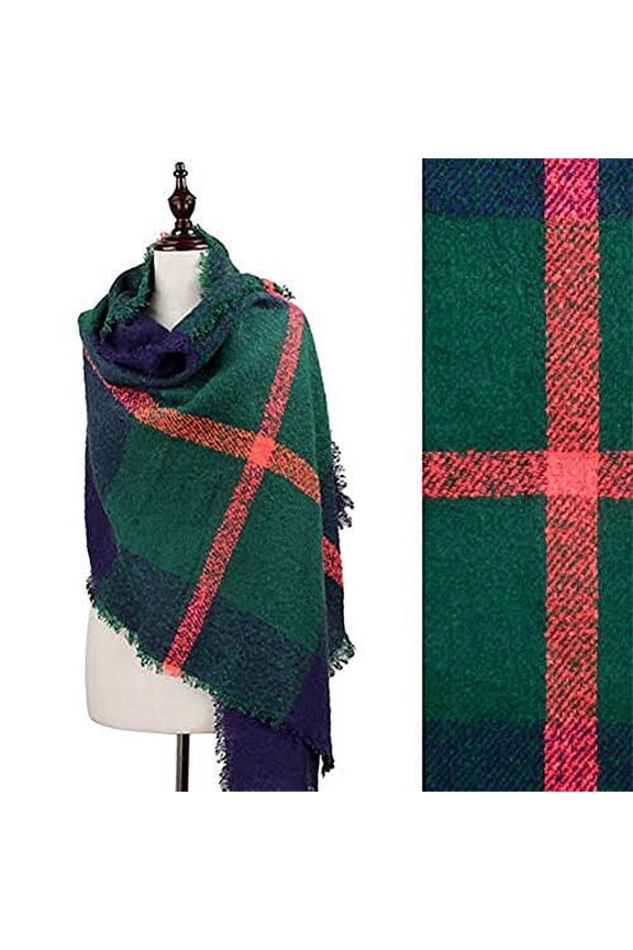 Woven Plaid Blanket Large Shawl Wrap with Frayed Edge