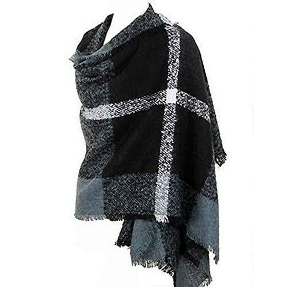 stylesilove woven plaid blanket shawl wrap with frayed edge (green)