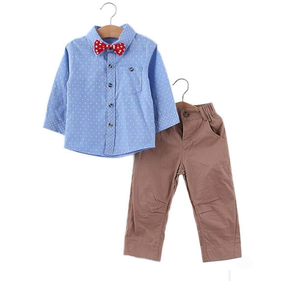 StylesILove Young Kids Little Boy Dots Blue T-shirt and Khaki Pants (80/18-24 Months)