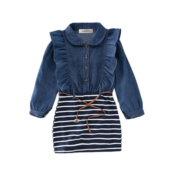 StylesIlove Little Girl Ruffle Denim Striped Mini One-piece Tunic Dress with Belt - 110/3-4 Years