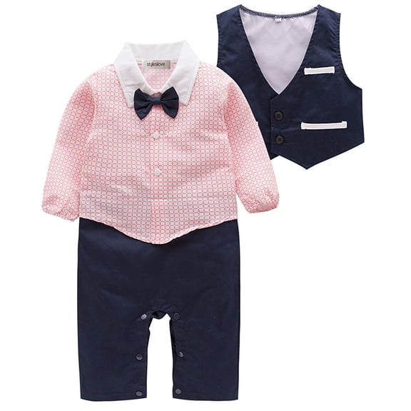 Stylesilove Toddler Boy Long Sleeve Bow-tie Tuxedo Romper with Vest 2 Pcs Outfit&nbsp;