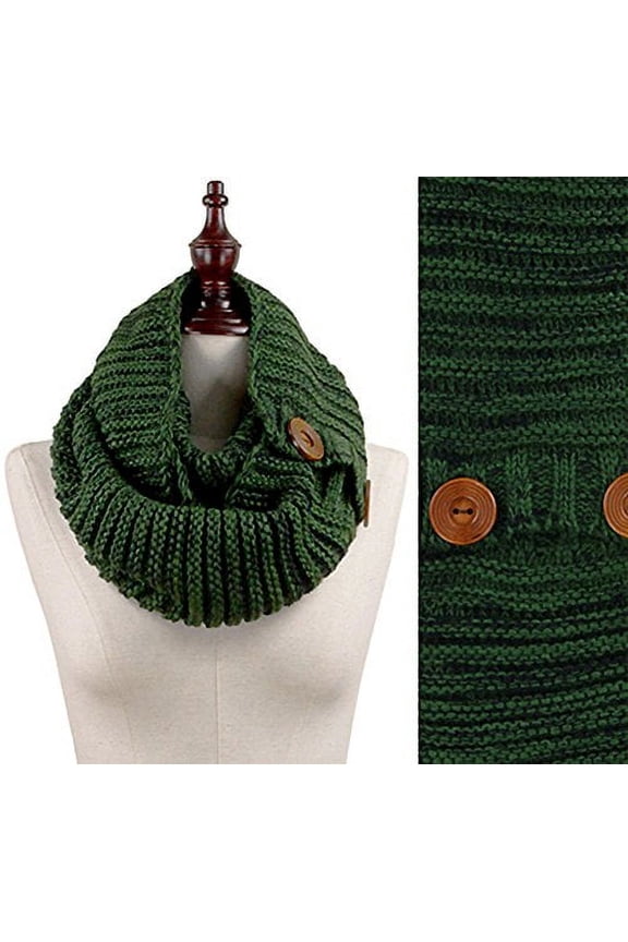 Wood Button Deco Two-tone Rib Knitted Cowl Scarf, 5 Colors (Green)