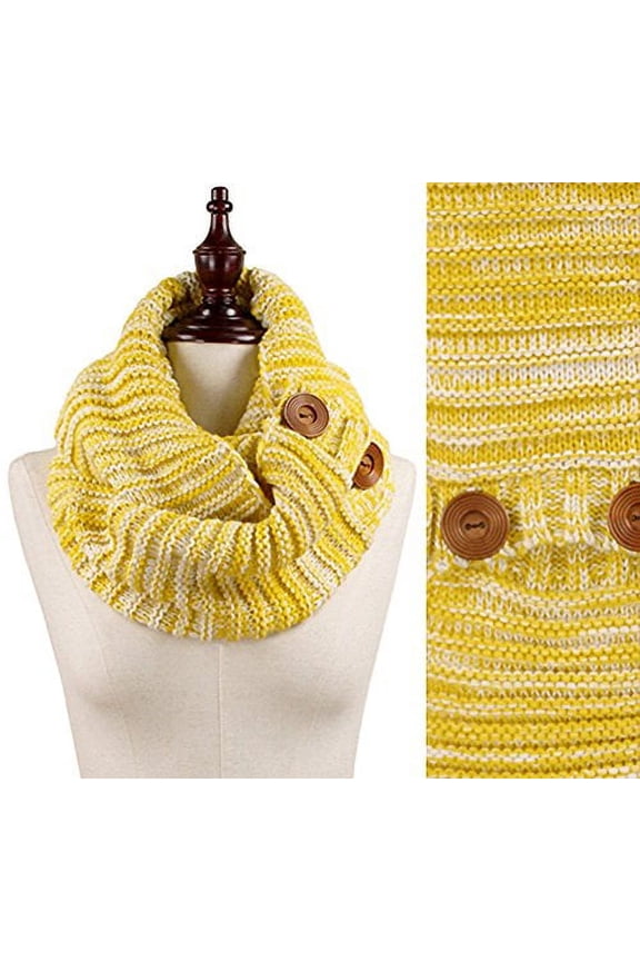 Wood Button Deco Two-tone Rib Knitted Cowl Scarf, 5 Colors (Mustard)