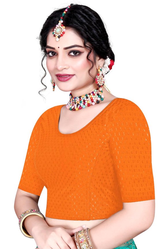 Cotton Lycra Stretchable Athletic Shirt Half Sleeve Dry Fit Workout Crop Top Gym Sports Top Sari Blouse ( X-Large, Orange)